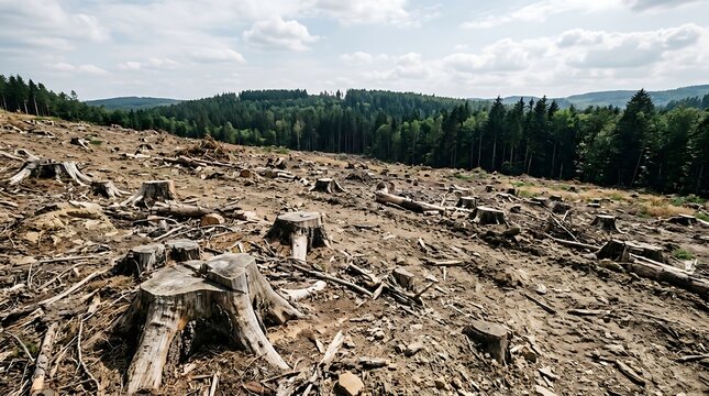 Deforested landscape with tree stumps under cloudy sky, illustrating clear-cutting, environmental damage, habitat loss, logging impact, contrasted by distant healthy forest