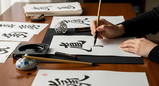 Person practicing Japanese calligraphy with a brush and ink on white paper, surrounded by various tools on a wooden table.