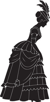 Silhouette of a woman in an elaborate 1800s royal fashion dress, adorned with a feathered hat, showcasing historical elegance.
