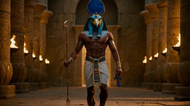 Egyptian god Thoth with ibis head walking through torchlit ancient temple holding golden staff and blue ankh. Epic cinematic deity for mythology, fantasy and history projects.