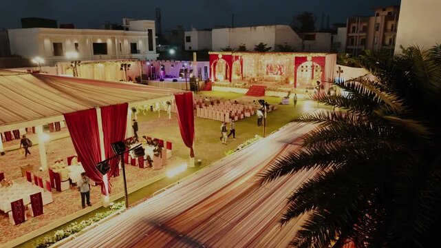 Elegant Wedding Venue Decor with Floral Arrangements and Ambient Lighting