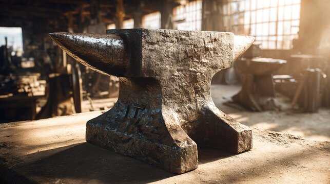anvil. Heavy blacksmith anvil with hammer marks, metal texture in workshop setting. safety posters, maintenance manuals, designed for industrial assembly lines and welding operations.