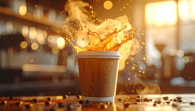 A dynamic shot captures a coffee splash erupting from a disposable cup, showcasing the beverage's energy.