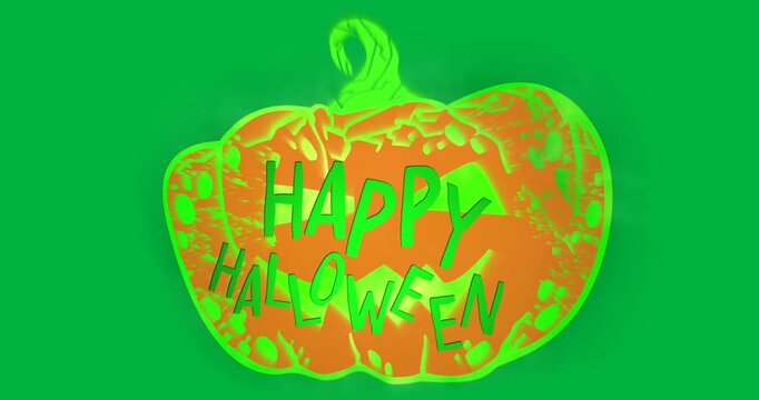 Digital animation of happy halloween text over halloween pumpkin against white background