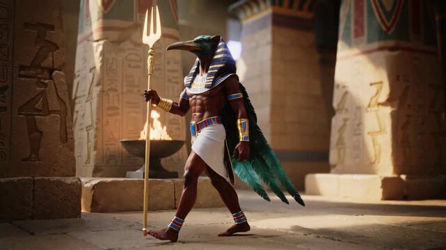 Egyptian god Thoth with ibis head walking through torchlit ancient temple holding golden staff and blue ankh. Epic cinematic deity for mythology, fantasy and history projects.