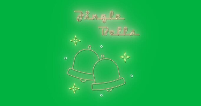 Animation of neon jingle bells text and bells on black background