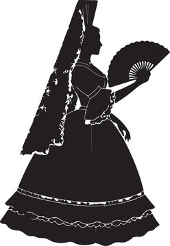 Elegant black silhouette of a woman in an elaborate 1800s Spanish fashion dress, featuring a mantilla, full skirt with ruffles, and a hand fan.