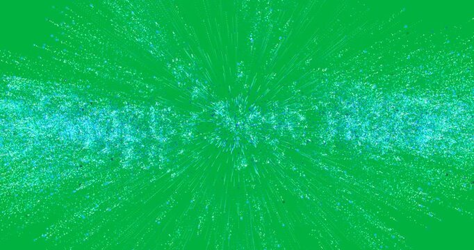 Animation of happy new year text in blue glitter letters exploding on white background