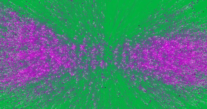 Animation of new year greetings text in purple glitter letters exploding on white background