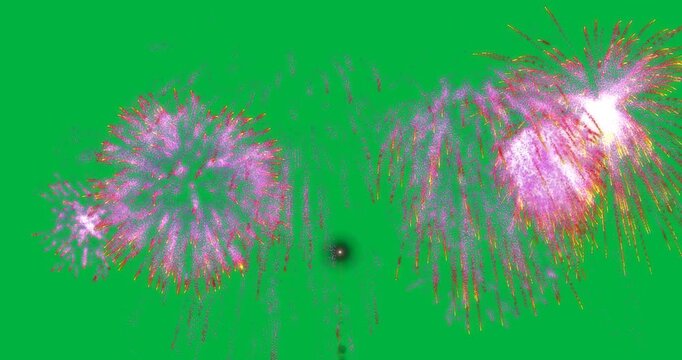 Animation of new year's eve pink and yellow fireworks exploding on white background