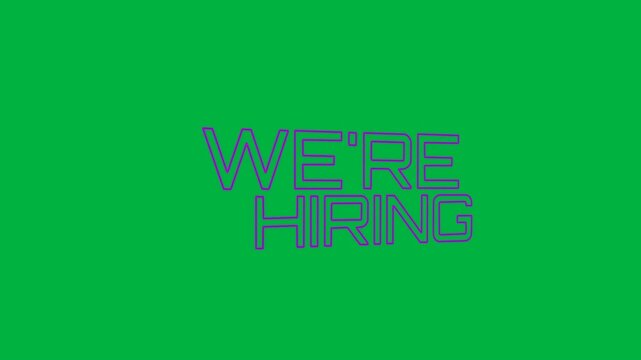 Animation of we're hiring text in pink neon letters on white background