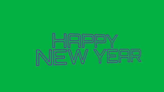 Animation of happy new year text in pink neon letters on white background