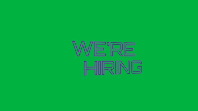 Animation of we're hiring text in pink neon letters on white background