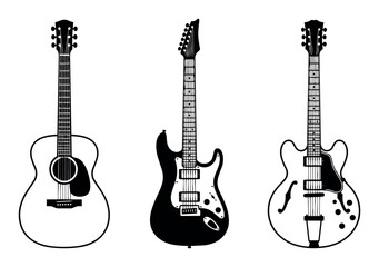 Obraz premium Displaying a collection of musical instruments including an acoustic guitar, electric guitar, and a hollow body guitar
