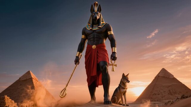 Mighty Anubis god with jackal companion stands before Giza pyramids at dramatic sunset holding golden staff and ankh. Epic cinematic deity for mythology and fantasy projects.