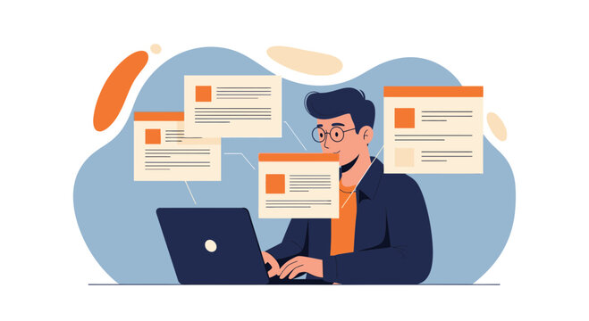 Man working on laptop with multiple screens, concept of multitasking and productivity