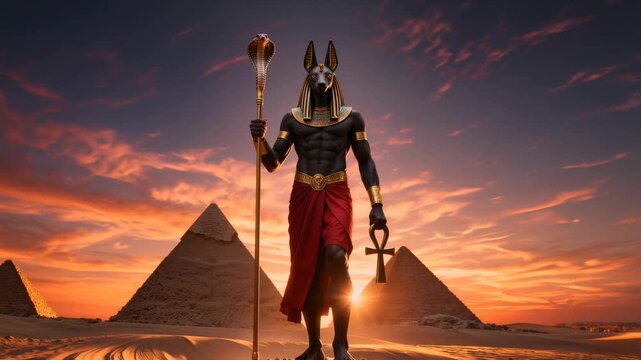 Mighty Anubis god with jackal companion stands before Giza pyramids at dramatic sunset holding golden staff and ankh. Epic cinematic deity for mythology and fantasy projects.