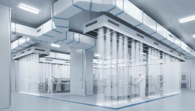 Modern clean room facility with workers in white protective suits operating machinery under large ventilation hoods