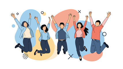 Obraz premium Group of diverse happy young people jumping for joy against a colorful abstract background with geometric shapes.