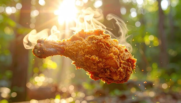 Crispy golden fried chicken leg suspended mid-air with steam rising in bright sunlight filtering through green forest trees