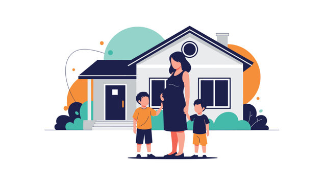 Pregnant woman standing in front of her family house with her two young sons symbolizing home, safety, and a new life.