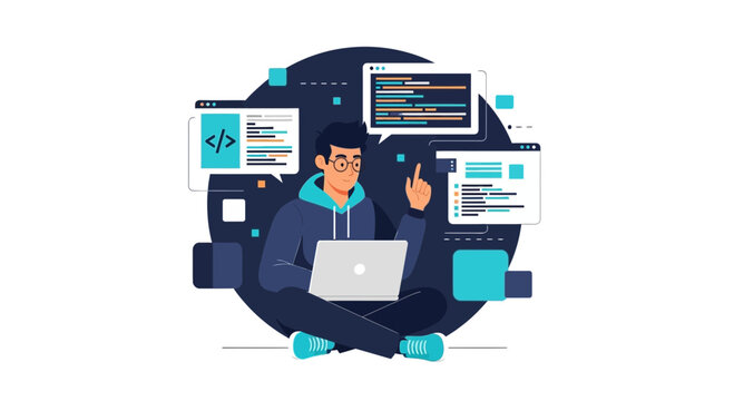 Programmer working on laptop with code on screens, coding concept