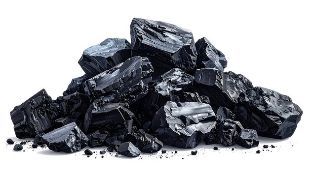 A pile of dark, irregular-shaped, shiny black rocks sits against a plain white background, appearing solid and dense