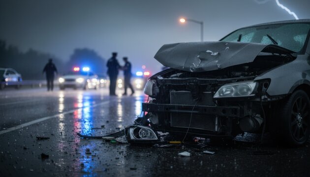 Damaged silver car with smashed front bumper at rainy night scene with emergency vehicle lights and police