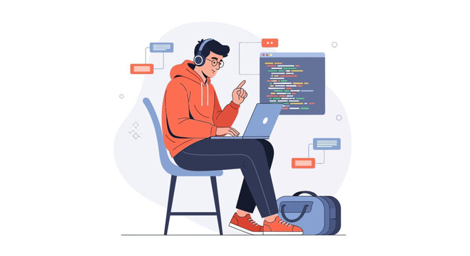 Programmer working on laptop with headphones, coding on screen, flowchart illustration