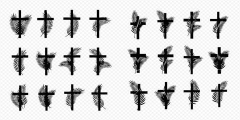 Fototapeta premium Set of black crosses with palm leaves, a symbol of faith and devotion, suitable for religious designs.