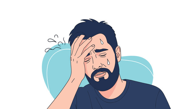 Illustration of a man with a beard holding his head and sweating, depicting stress, headache, fever, or a difficult situation.
