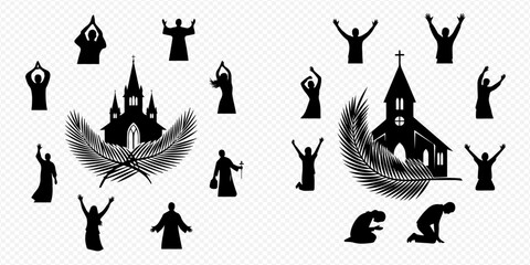 Fototapeta premium Religious Silhouettes with Churches, Feathers, and Praying People Icons.