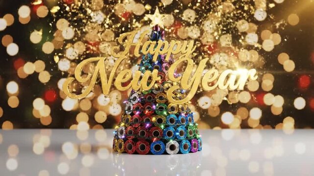 A colorful happy new year celebration with confetti and decorations on a table