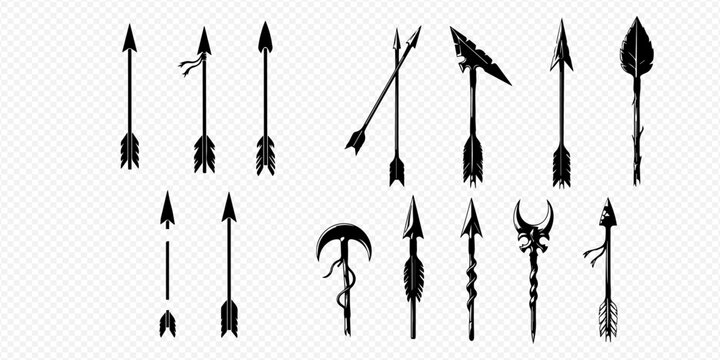 Set of black silhouette arrow designs, including various styles of bow arrows, spearheads, and decorative elements.