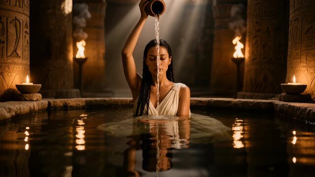 Beautiful Egyptian woman performing sacred bathing ritual in ancient temple pool with torches, candles and sunbeams. Cinematic scene for history, mythology and spa projects.