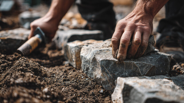 The process of laying the foundation stones for a building with a close-up view of the hands and tools used to install the heavy stones.