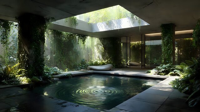Luxurious indoor pool area bathed in natural light, surrounded by vibrant green foliage creating a serene, modern oasis retreat