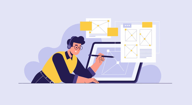 Web designer creating wireframes on laptop with stylus, ux ui design concept