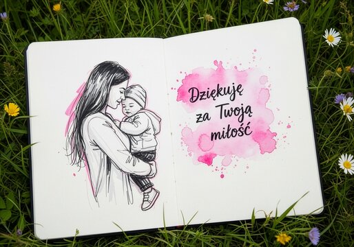 Tło na Dzień Matki z rysunkiem matki i dziecka oraz napisem "Dziękuję za Twoją miłość" w notatniku leżącym an wiosennej łące