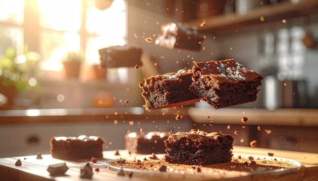 Delicious Chocolate Brownies Levitate in a Sunlit Kitchen Creating an Enchanting Dessert Scene