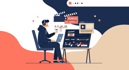 Fototapeta premium Video Editor Working on Laptop with Editing Software and Equipment