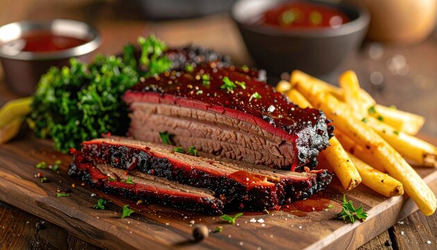 Delicious Sliced Smoked Brisket With Savory Barbecue Glaze Served With Golden French Fries And Fresh Green Kale Salad On A Wooden Cutting Board With Small Bowls Of Ketchup