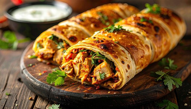 Deliciously seasoned chicken wrap filled with savory meat and fresh herbs served on a wooden board with a side of creamy dip