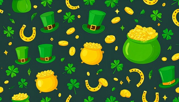 Saint Patrick's Day seamless pattern with shamrocks, lucky horseshoes, gold coins, and leprechaun hats