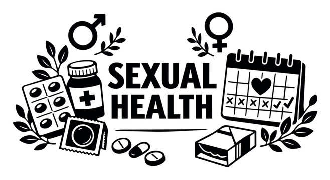 Sexual health concept showing icons of contraception, pills, calendar, and gender symbols, representing reproductive wellness and healthcare