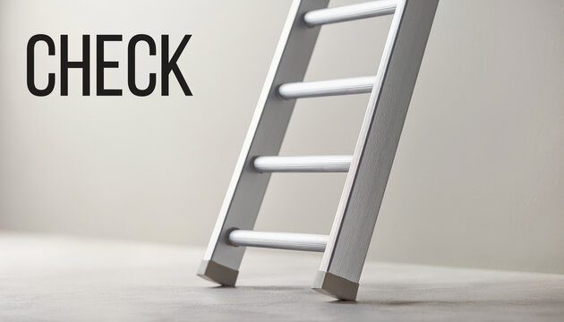 Ladder with missing step and check text workplace safety awareness concept