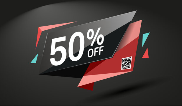Modern geometric sale banner with fifty percent off and qr code