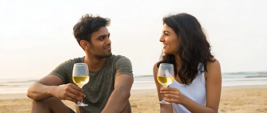 Smiling couple enjoying white wine together while sitting on the beach during a relaxing seaside sunset.
