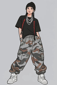 Young Fashionable Woman in Camouflage Outfit Illustration