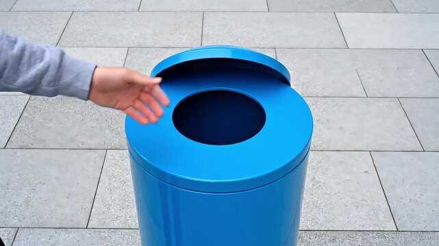 A hand reaches to drop plastic litter into a blue recycling bin on a tiled city pavement, conveying recycling, responsible waste disposal and urban cleanliness in a public outdoor setting.